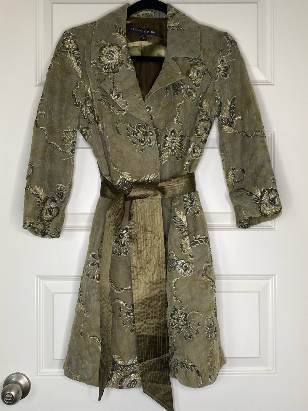 blanc noir Olive Embroidered Beaded Trench with Sash Belt